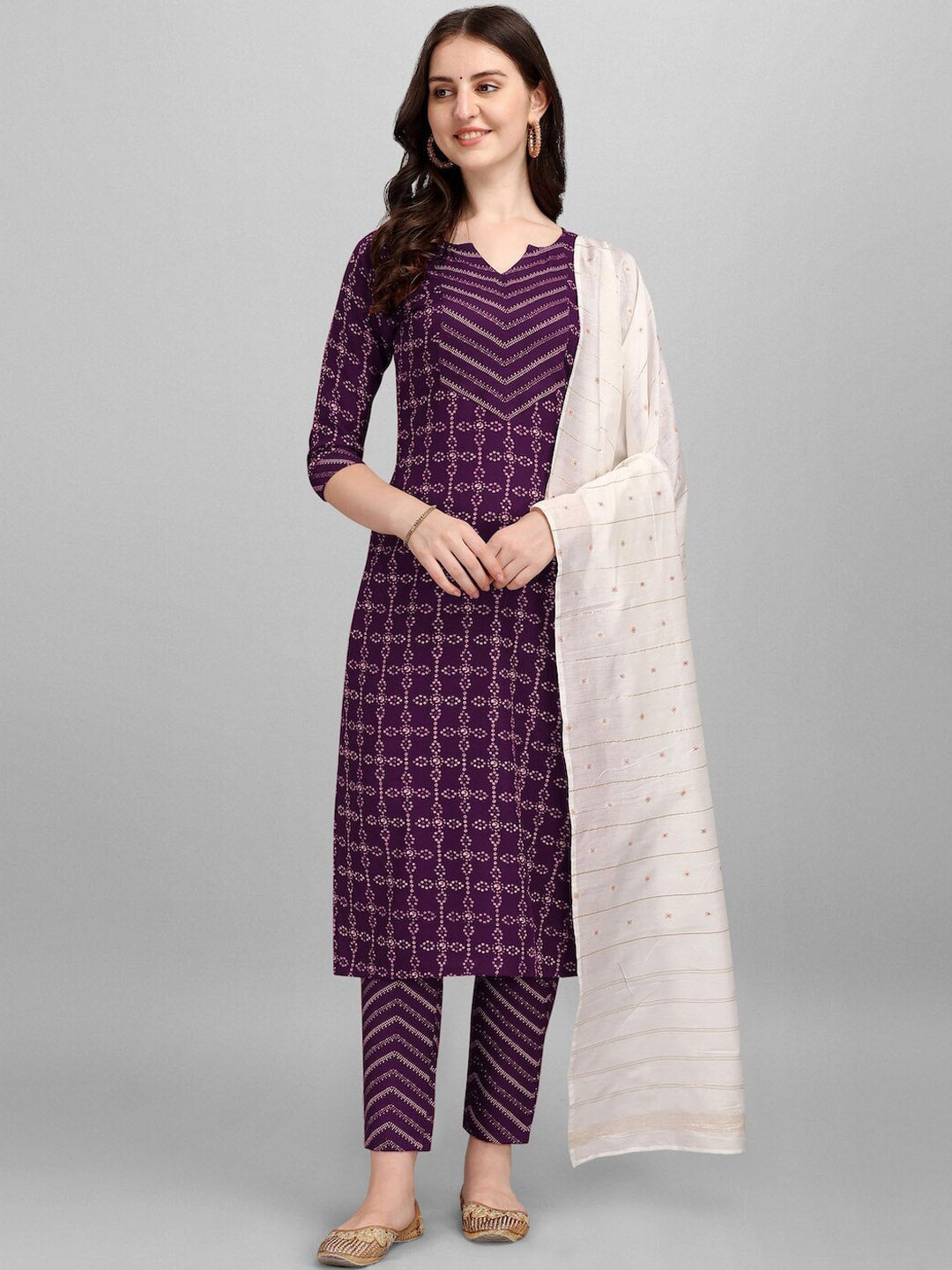 HERE&NOW Purple Ethnic Motifs Printed Pure Cotton Kurta with Trousers & With Dupatta | Grocsy