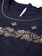 All About You Women Navy Blue Floral Thread Work Kurta with Trousers & With Dupatta | Grocsy