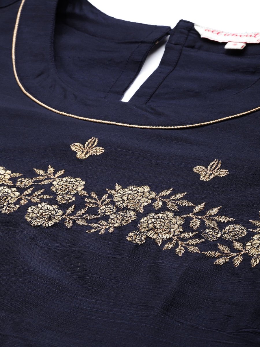 All About You Women Navy Blue Floral Thread Work Kurta with Trousers & With Dupatta | Grocsy
