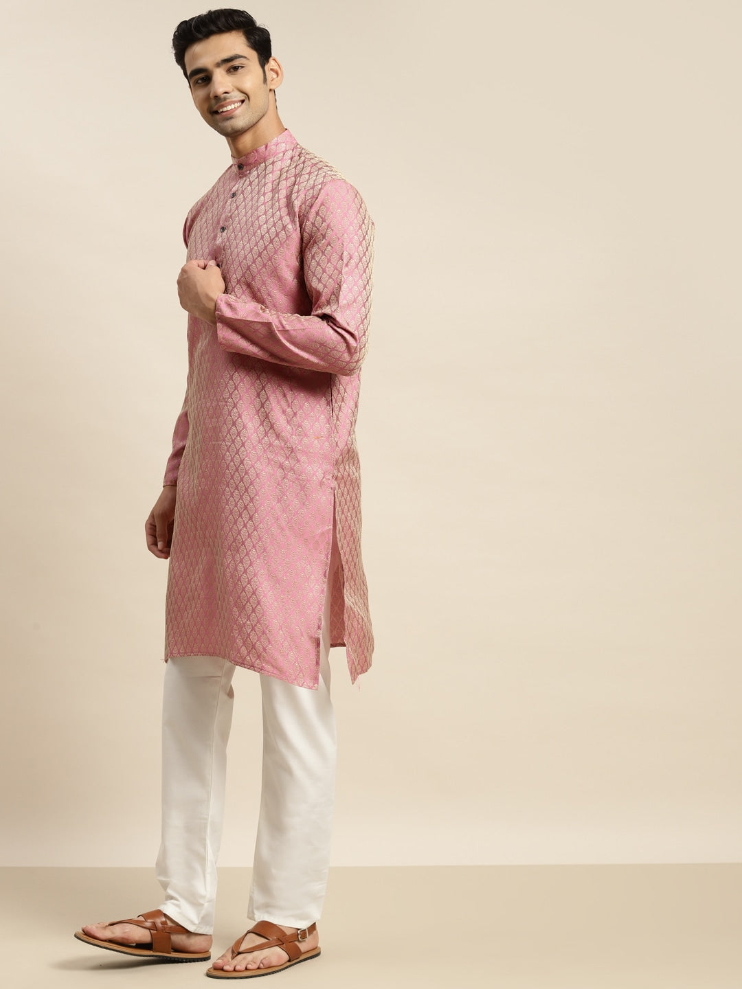 Sojanya Men Pink Ethnic Motifs Kurta with Churidar & Nehru Jacket | Grocsy