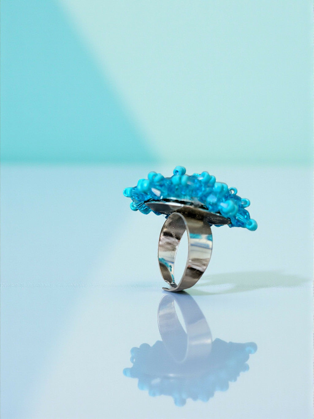 Inhanns Rang-E-Roshan Adjustable Ring – Handmade Crystal Statement Ring - Sky Blue | Grocsy