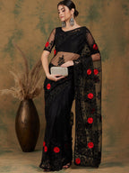Sangria Black Floral Embroidered Saree | Grocsy