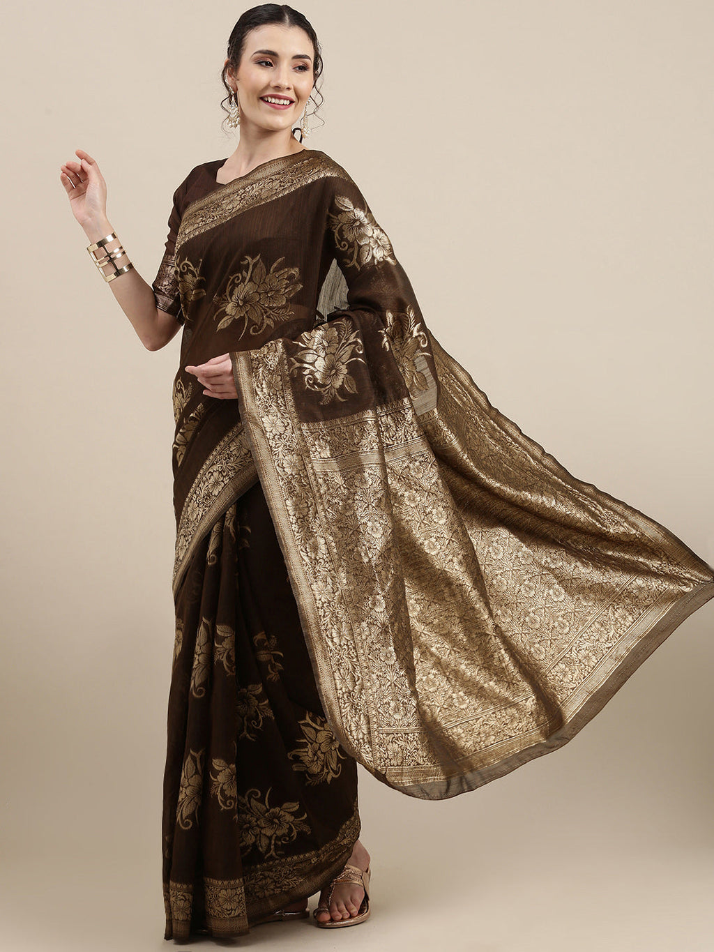Saree Mall Brown Floral Linen Blend Banarasi Saree | Grocsy