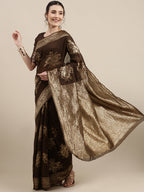 Saree Mall Brown Floral Linen Blend Banarasi Saree | Grocsy