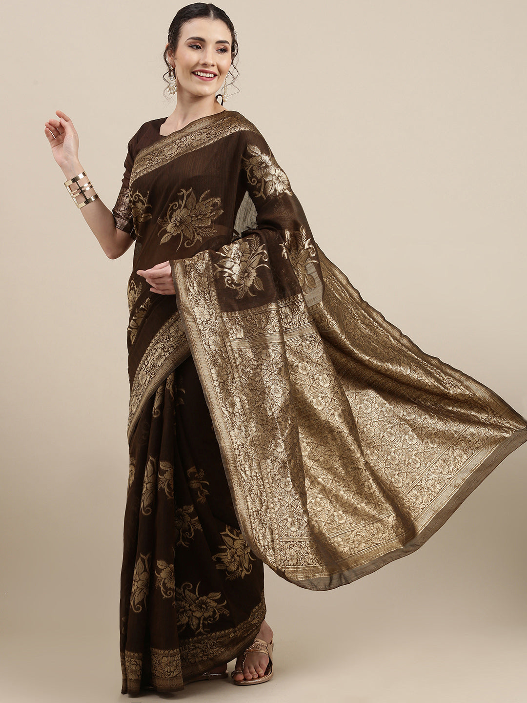 Saree Mall Brown Floral Linen Blend Banarasi Saree | Grocsy