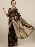 Saree Mall Brown Floral Linen Blend Banarasi Saree | Grocsy