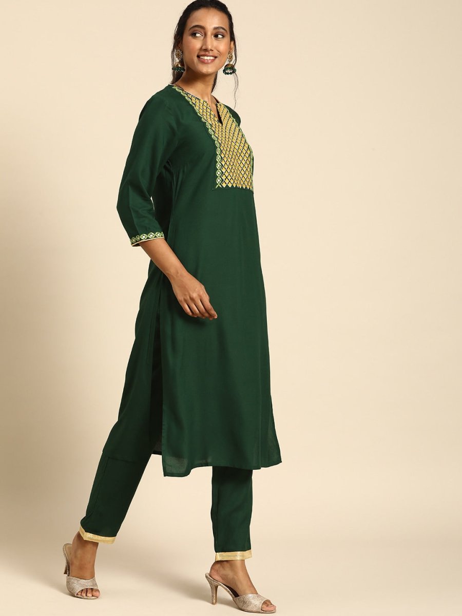 All About You Women Green Ethnic Motifs Yoke Design Regular Thread Work Kurta with Trousers | Grocsy