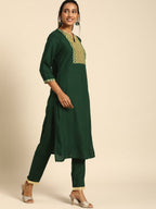 All About You Women Green Ethnic Motifs Yoke Design Regular Thread Work Kurta with Trousers | Grocsy