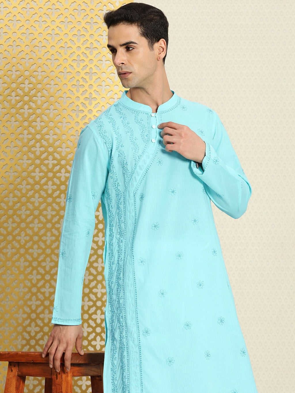 House of Pataudi Men Pure Cotton Embroidered Chikankari Jashn Kurta with Churidar | Grocsy