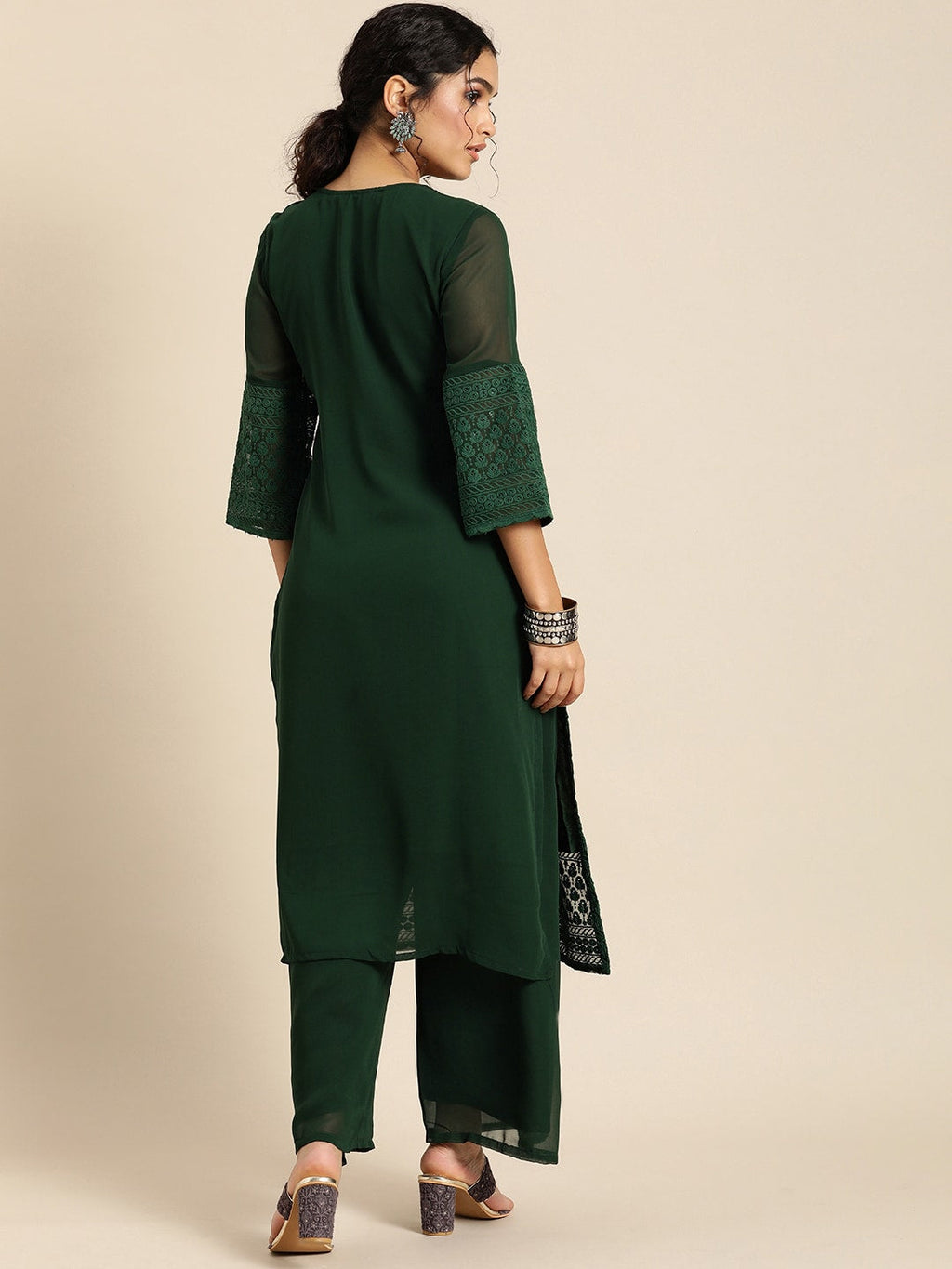 Sangria Women Green Ethnic Motifs Chikankari Kurta with Palazzos | Grocsy