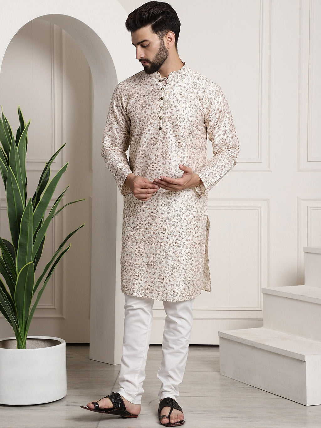 Sojanya Men Cream-Coloured & Brown Silk Cotton Printed Regular Kurta with Churidar | Grocsy