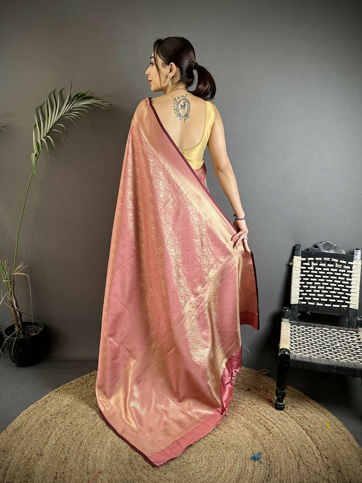 Joban Fashion Rose Gold Paisley & Floral Soft Satin Silk Banarasi Silk Saree | Grocsy