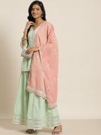 Juniper Pista Green Thread Embroidered Kurta Palazzo & Cotton Dupatta Set | Grocsy