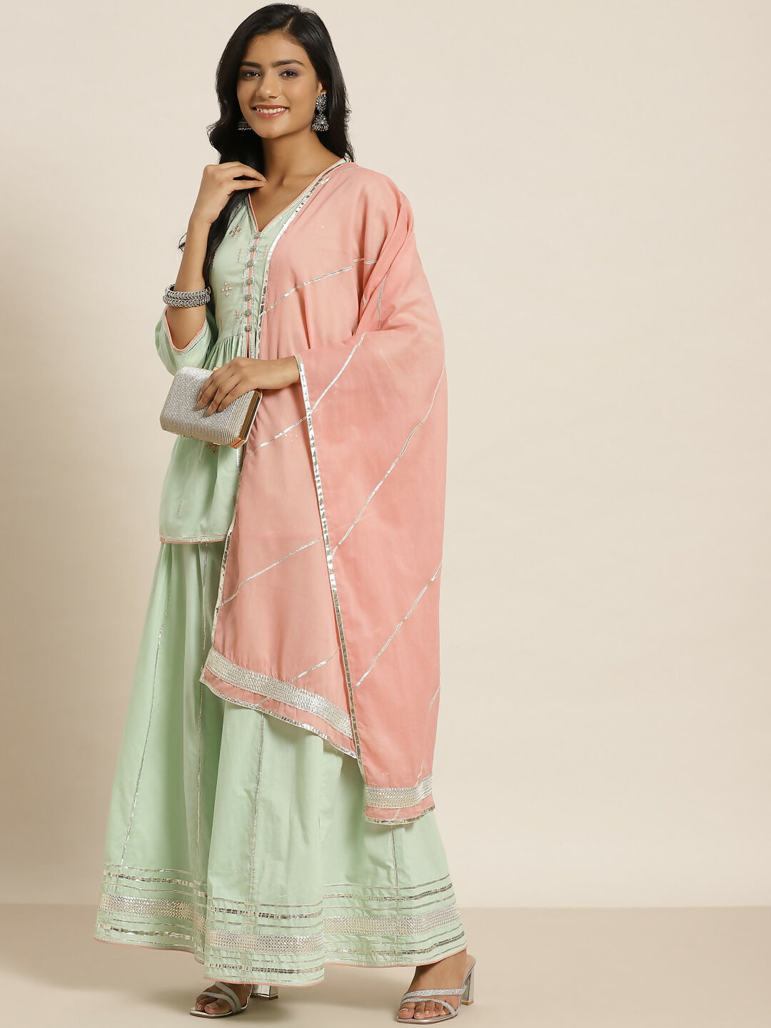 Juniper Pista Green Thread Embroidered Kurta Palazzo & Cotton Dupatta Set | Grocsy