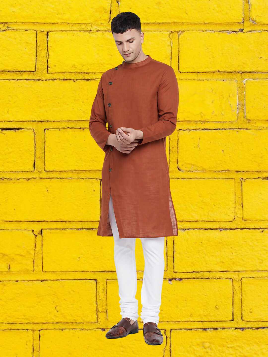 Even Apparels Men's Asymetrical Brown Sherwani Kurta | Grocsy
