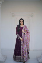 Jyoti Fashion Women's Wine Faux Blooming Sequence Zari Embroidered Anarkali Dress with Dupatta | Grocsy