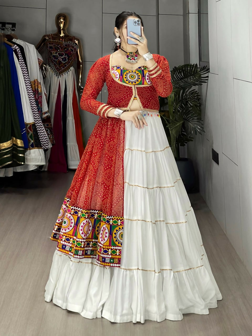 Yash Enterprise Red And White Rayon Cotton Embroidery Semi Stitched Navratri Top Chaniya Choli | Grocsy