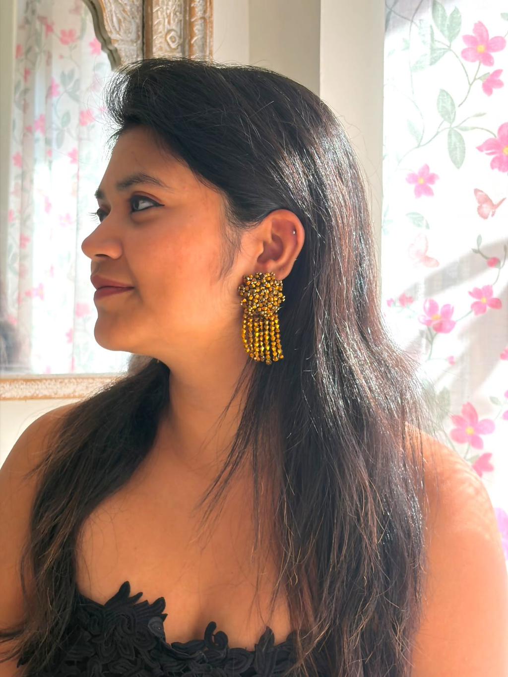 Inhanns Handmade Crystal Water Fall Earrings - Short - Golden | Grocsy
