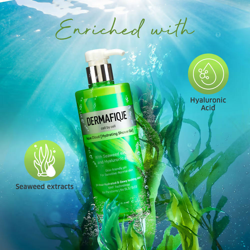 Dermafique Aqua Cloud Hydrating Shower Gel - Hyaluronic Acid, 24 hrs Hydration & Dewy-looking Skin | Grocsy