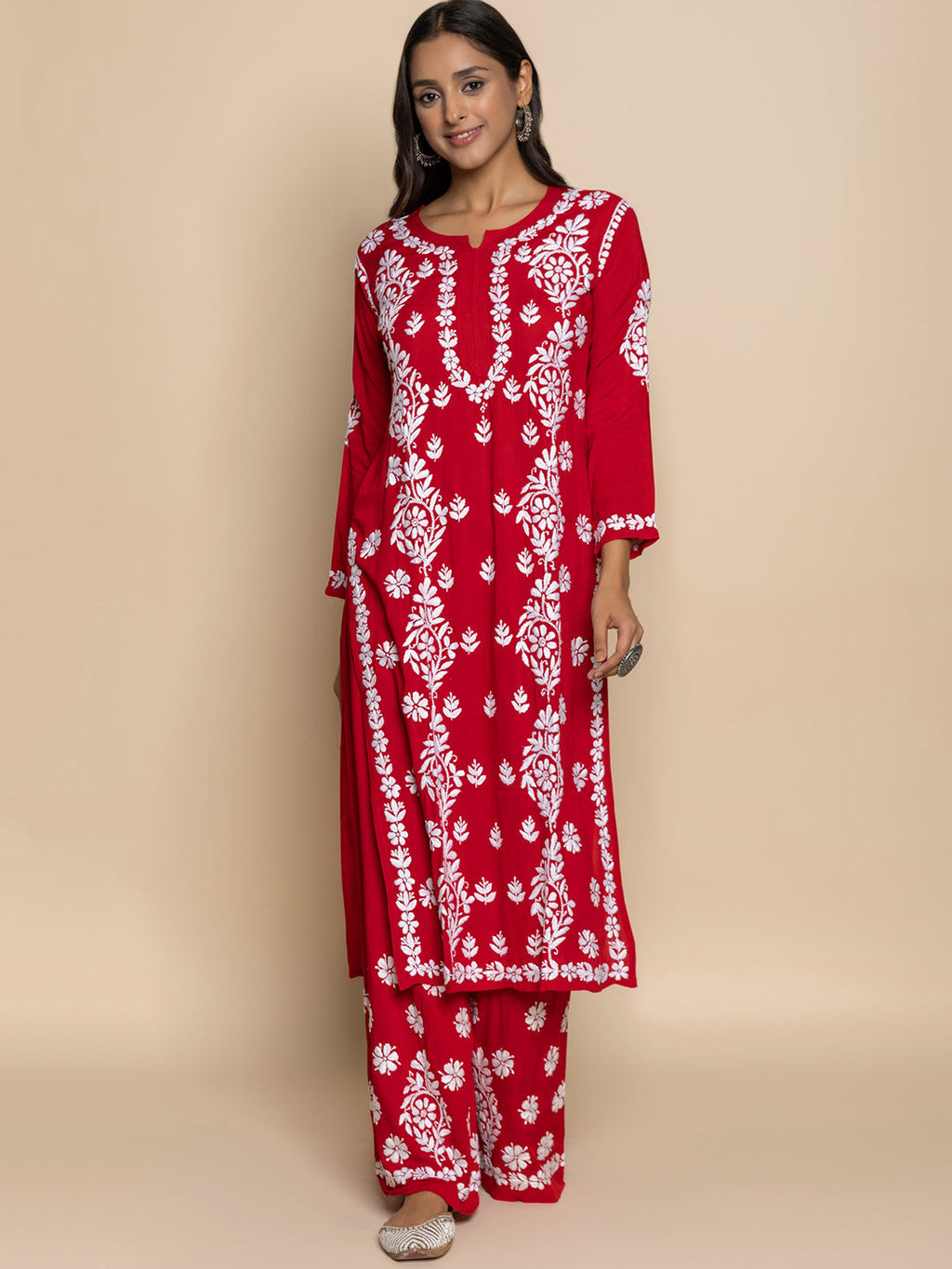 HOUSE OF KARI Floral Embroidered Chikankari Cotton A-Line Kurta | Grocsy