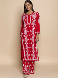 HOUSE OF KARI Floral Embroidered Chikankari Cotton A-Line Kurta | Grocsy