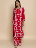 HOUSE OF KARI Floral Embroidered Chikankari Cotton A-Line Kurta | Grocsy