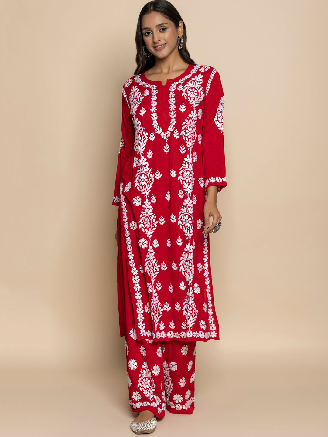 HOUSE OF KARI Floral Embroidered Chikankari Cotton A-Line Kurta | Grocsy