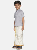 Sethukrishna Boys Grey & White Pure Cotton Shirt With Veshti Set | Grocsy