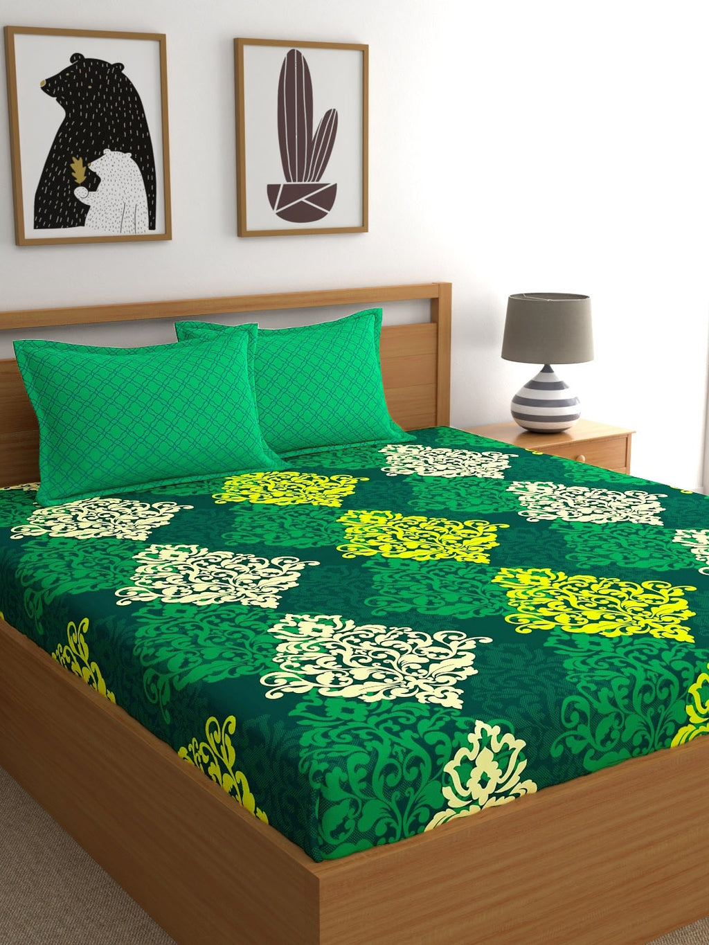 My Room Green & Yellow Ethnic Motifs 140 TC Super King Bedsheet with 2 Pillow Covers | Grocsy