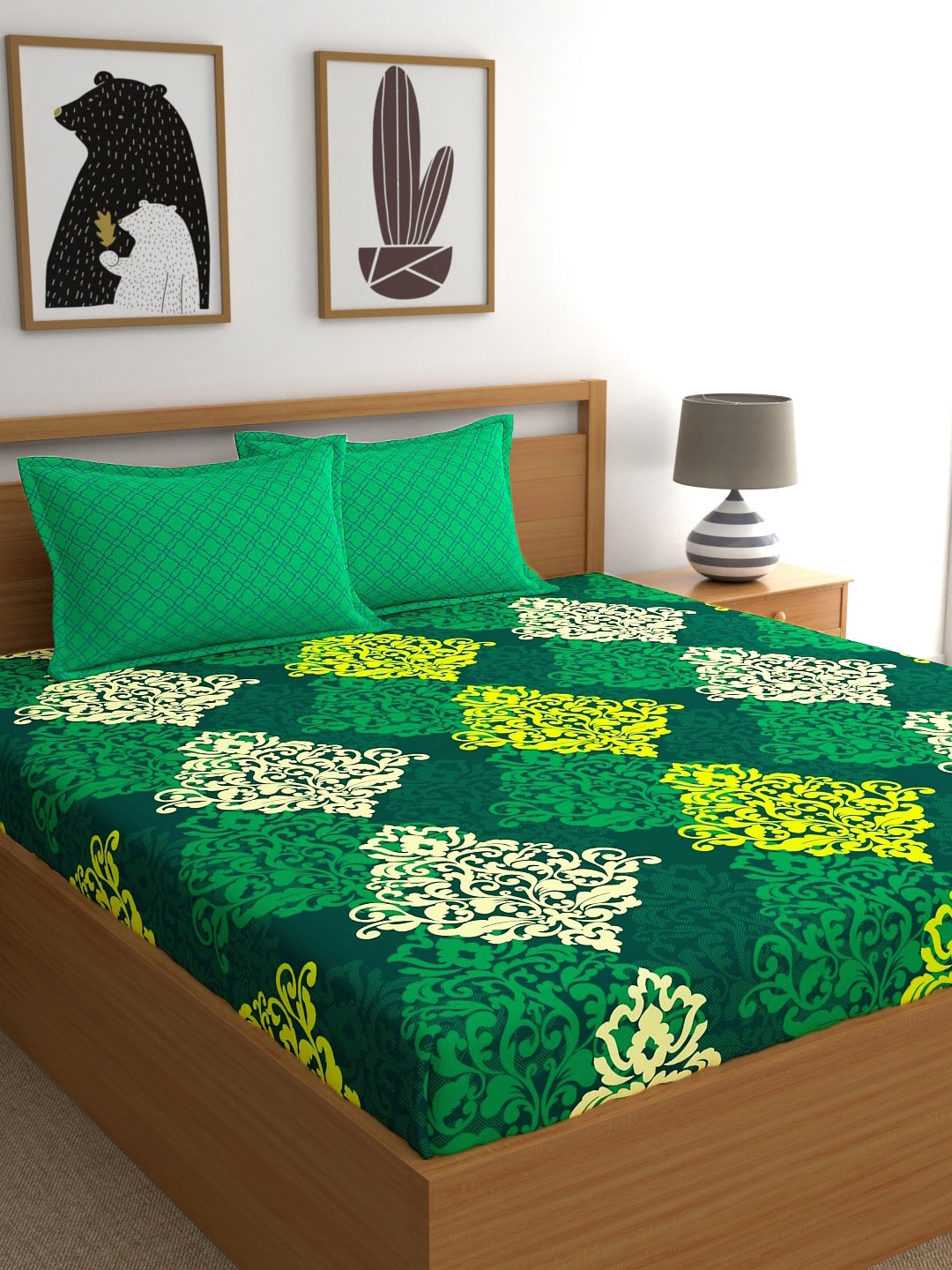 My Room Green & Yellow Ethnic Motifs 140 TC Super King Bedsheet with 2 Pillow Covers | Grocsy