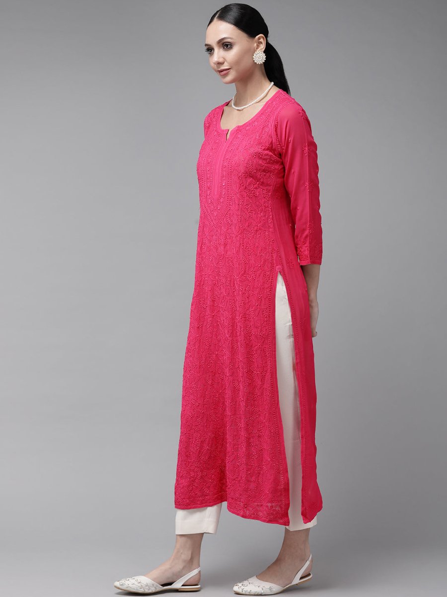 ADA Women Magenta & Magenta Ethnic Motifs Embroidered Chikankari Georgette Kurta | Grocsy