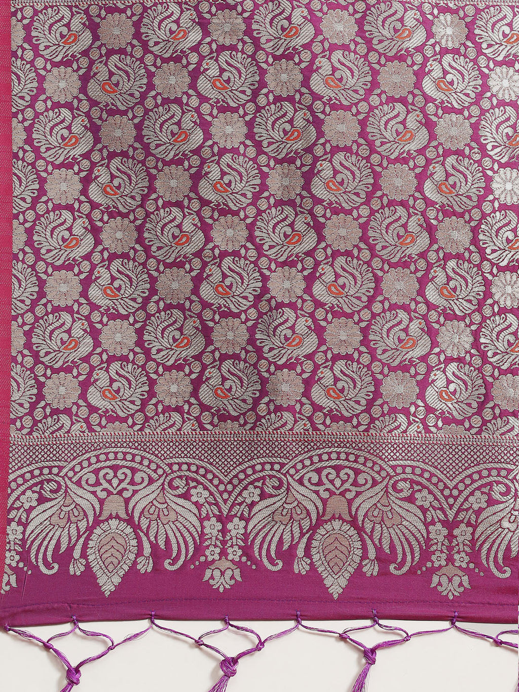 Saree Mall Magenta & Silver-Toned Floral Silk Blend Dharmavaram Saree | Grocsy