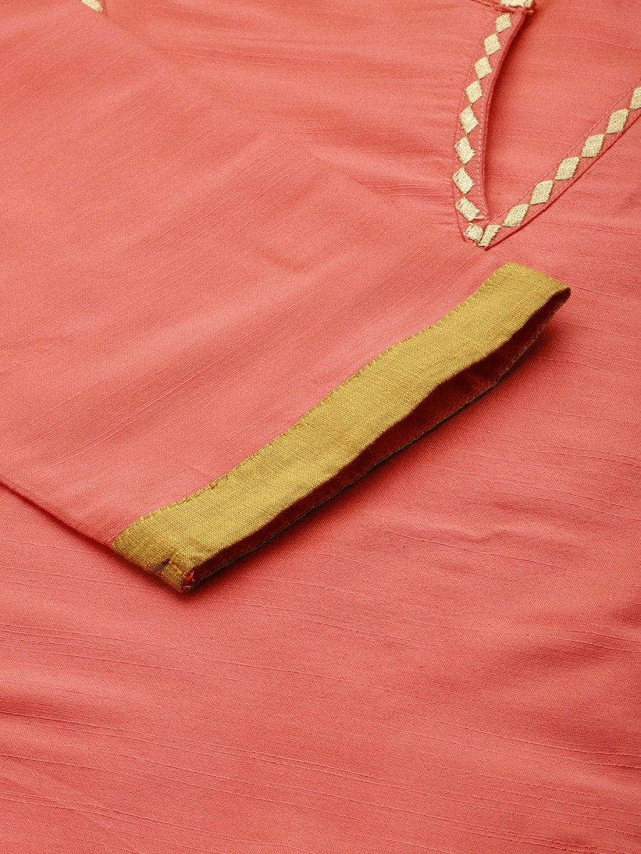 All About You Women Peach-Coloured Embroidered Kurta with Trousers | Grocsy