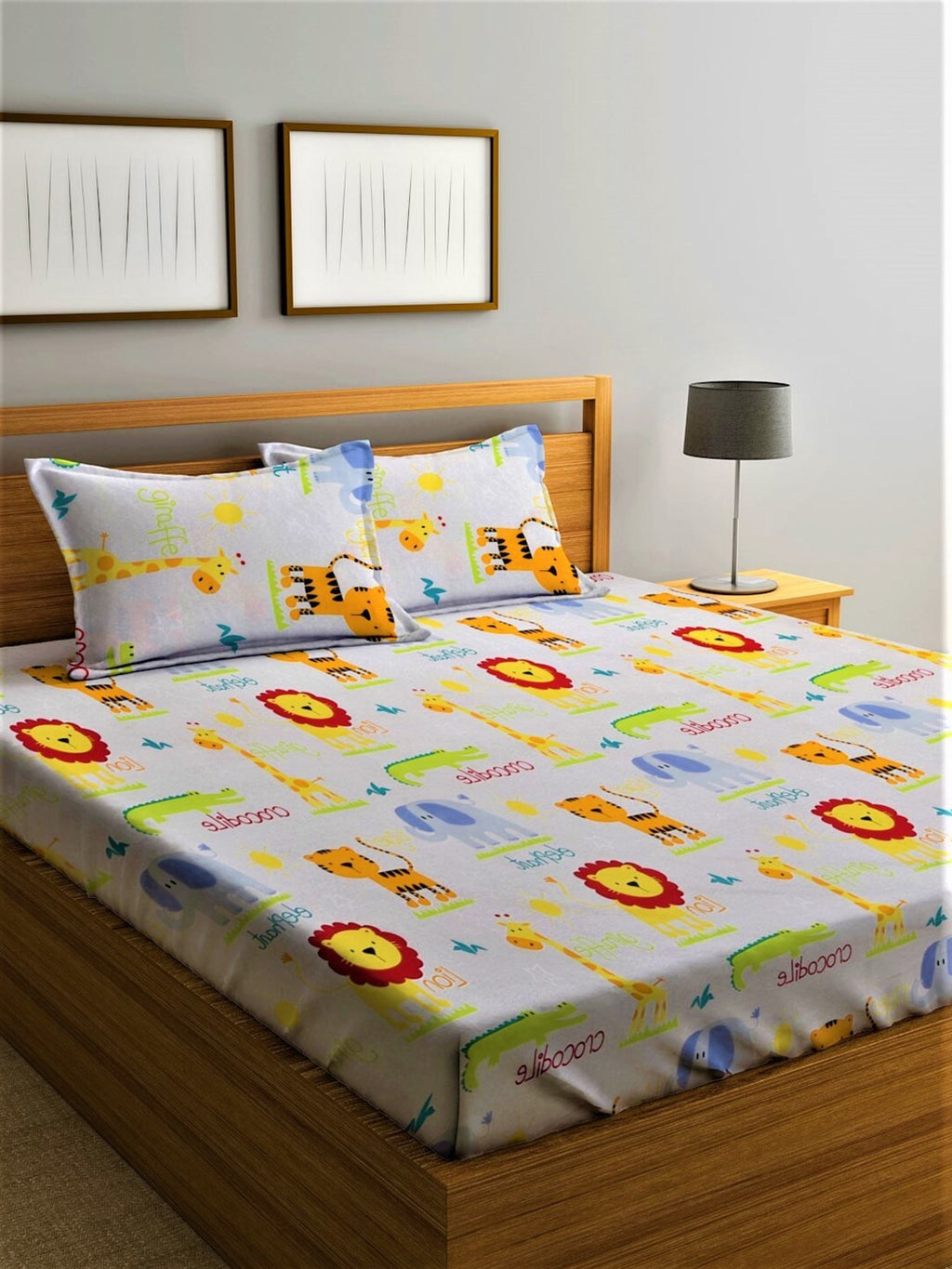 Home Sizzler White & Orange Cartoon Characters 210 TC Bedsheet with Pillow Covers | Grocsy