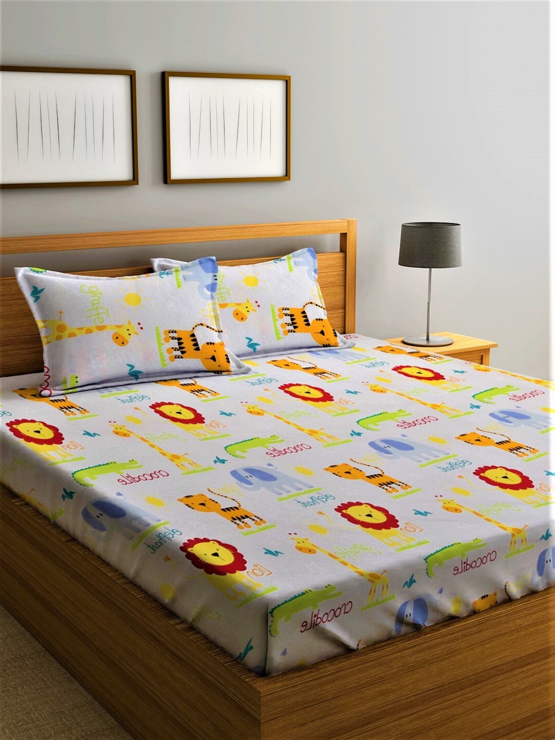 Home Sizzler White & Orange Cartoon Characters 210 TC Bedsheet with Pillow Covers | Grocsy