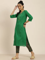 Sangria Women Green Pure Cotton Bandhani Kurta with Trousers | Grocsy