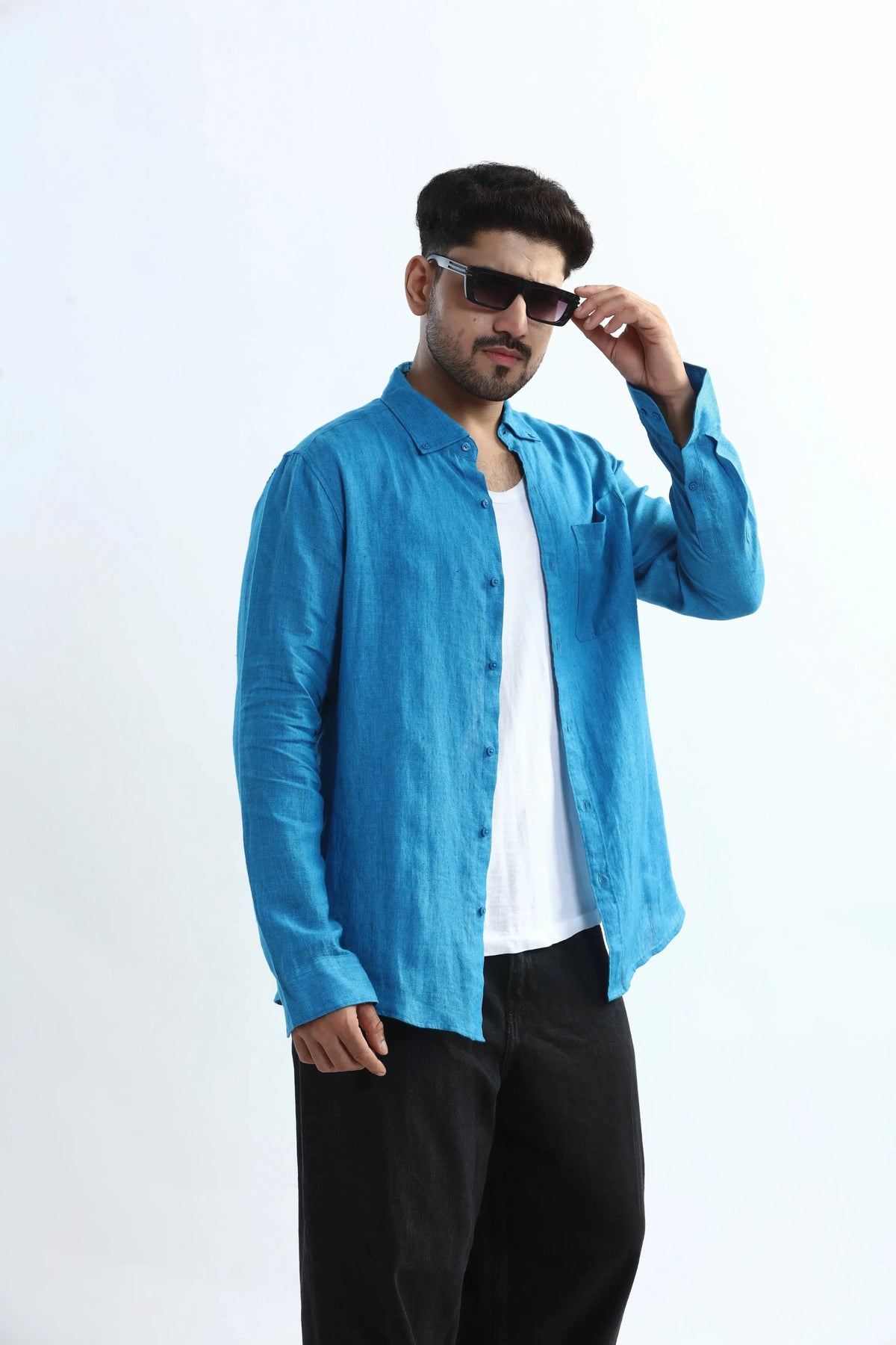 Xkind Blue 100% Pure Linen Button Down Casual Shirt | Grocsy