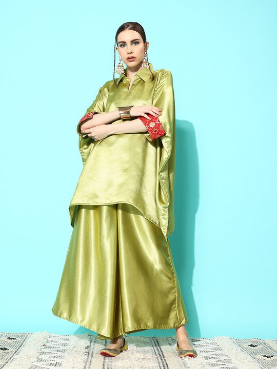 InWeave Women's Olive Red Brocade Satin Boho Kurta Palazzo Set | Grocsy