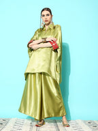 InWeave Women's Olive Red Brocade Satin Boho Kurta Palazzo Set | Grocsy