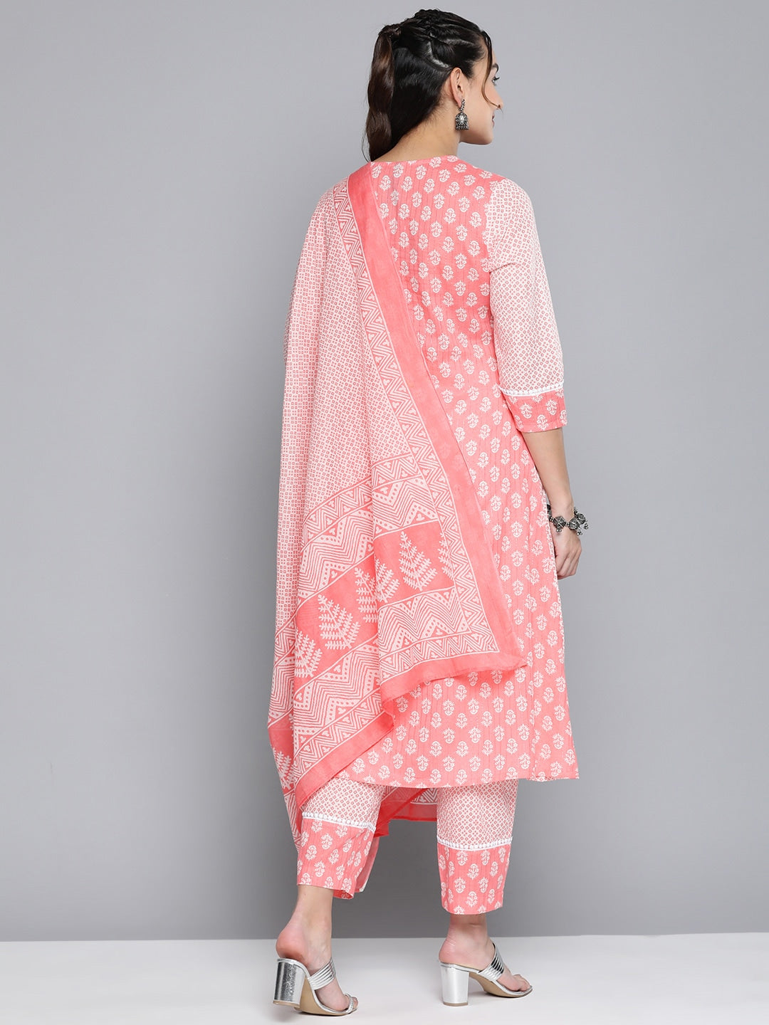 HERE&NOW Women Pink Floral Printed Pure Cotton Kurta with Palazzos & With Dupatta | Grocsy