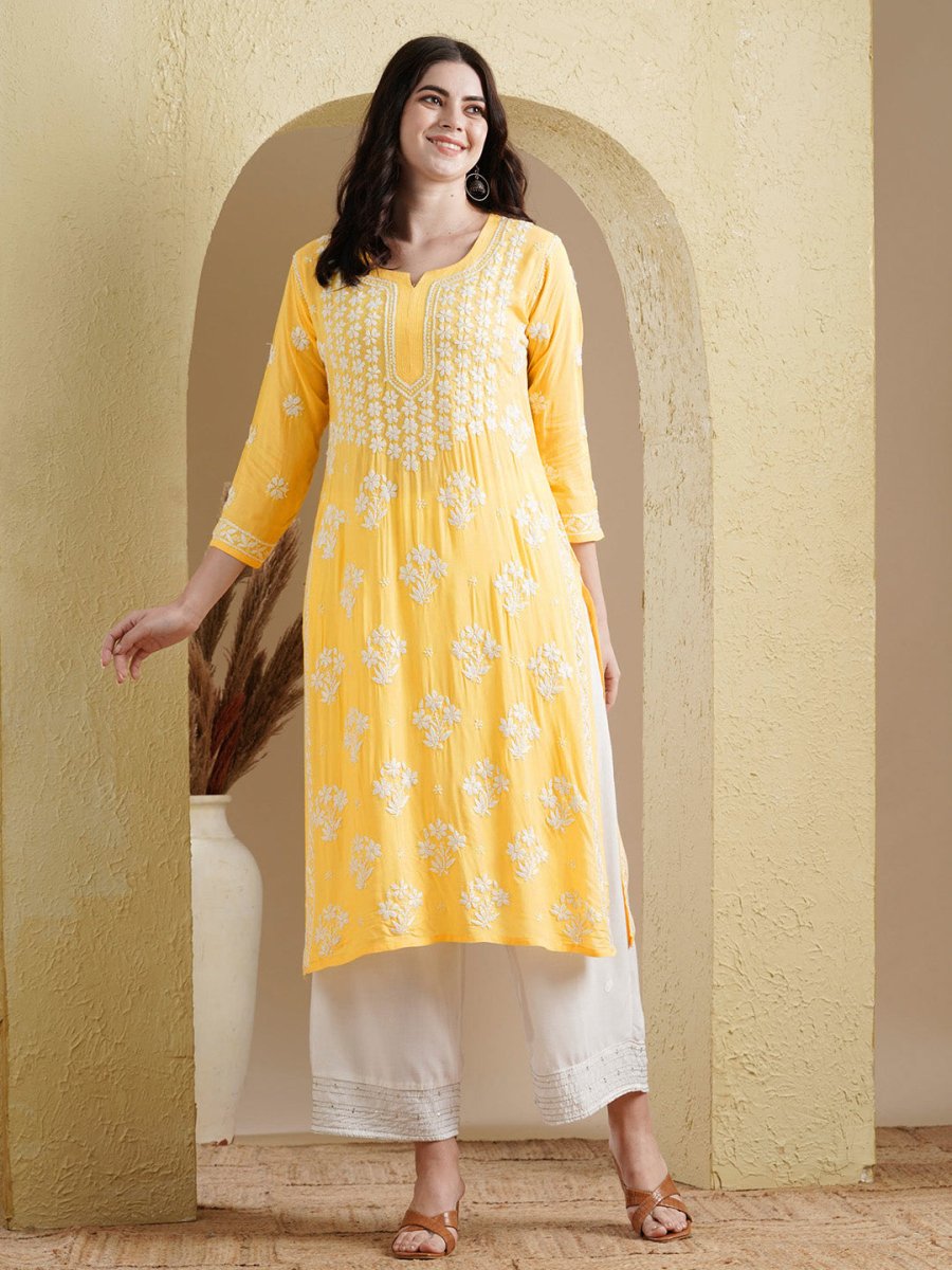 ADA Floral Lucknowi Chikankari Straight Kurta | Grocsy