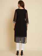 HERE&NOW Black & White Ethnic Motifs Chikankari Embroidered Georgette Kurta | Grocsy