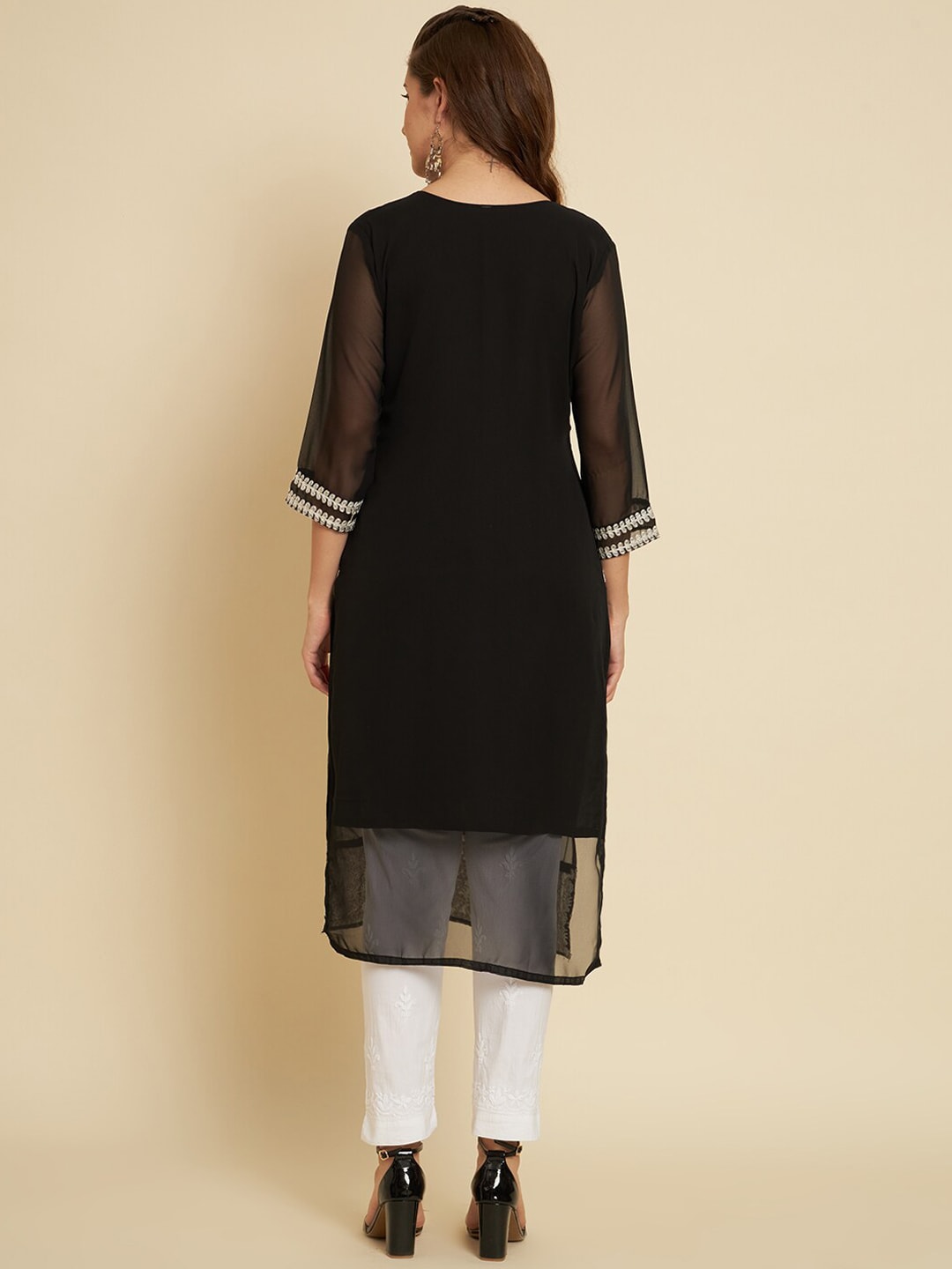 HERE&NOW Black & White Ethnic Motifs Chikankari Embroidered Georgette Kurta | Grocsy
