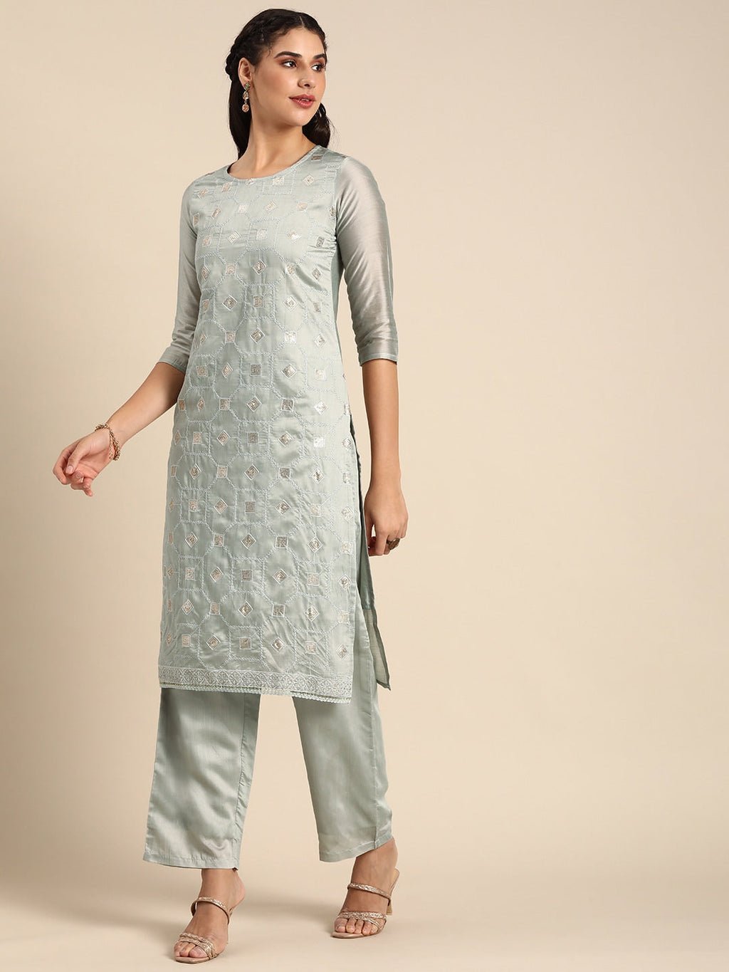 Sangria Women Grey Ethnic Motifs Embroidered Regular Sequinned Chanderi Silk Kurta with Palazzos & With | Grocsy