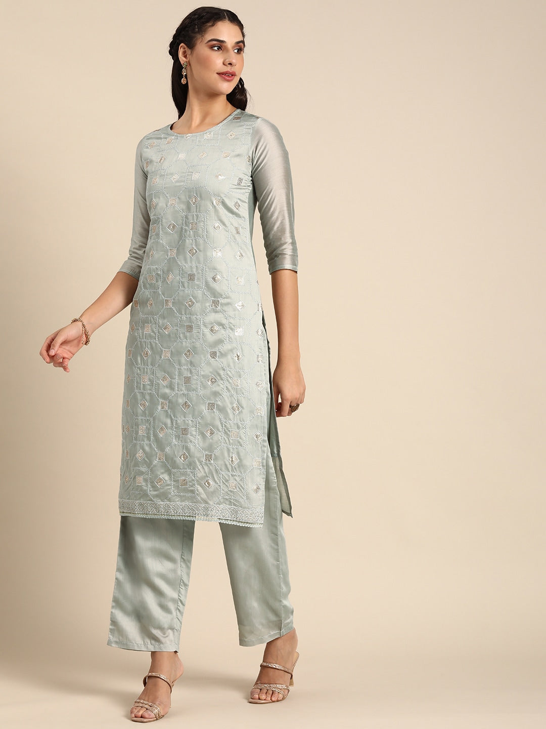 Sangria Women Grey Ethnic Motifs Embroidered Regular Sequinned Chanderi Silk Kurta with Palazzos & With | Grocsy