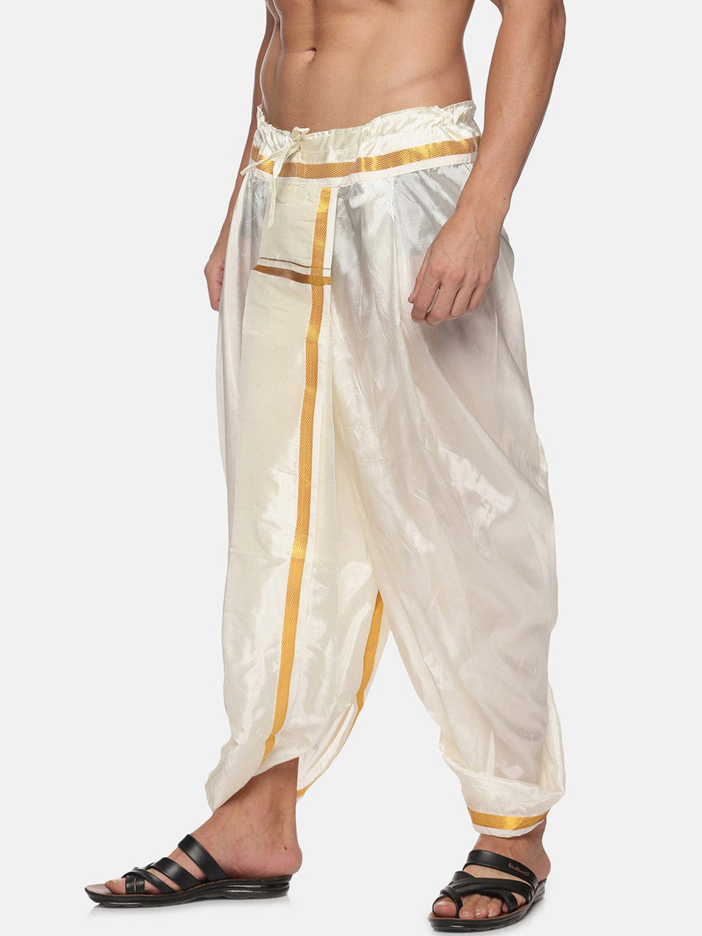 Sethukrishna Men Cream-Coloured & Golden Solid Silk Dhoti | Grocsy