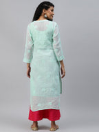 ADA Women Sea Green Chikankari Hand Embroidered Straight Kota Handloom Kurta With Matching Slip | Grocsy