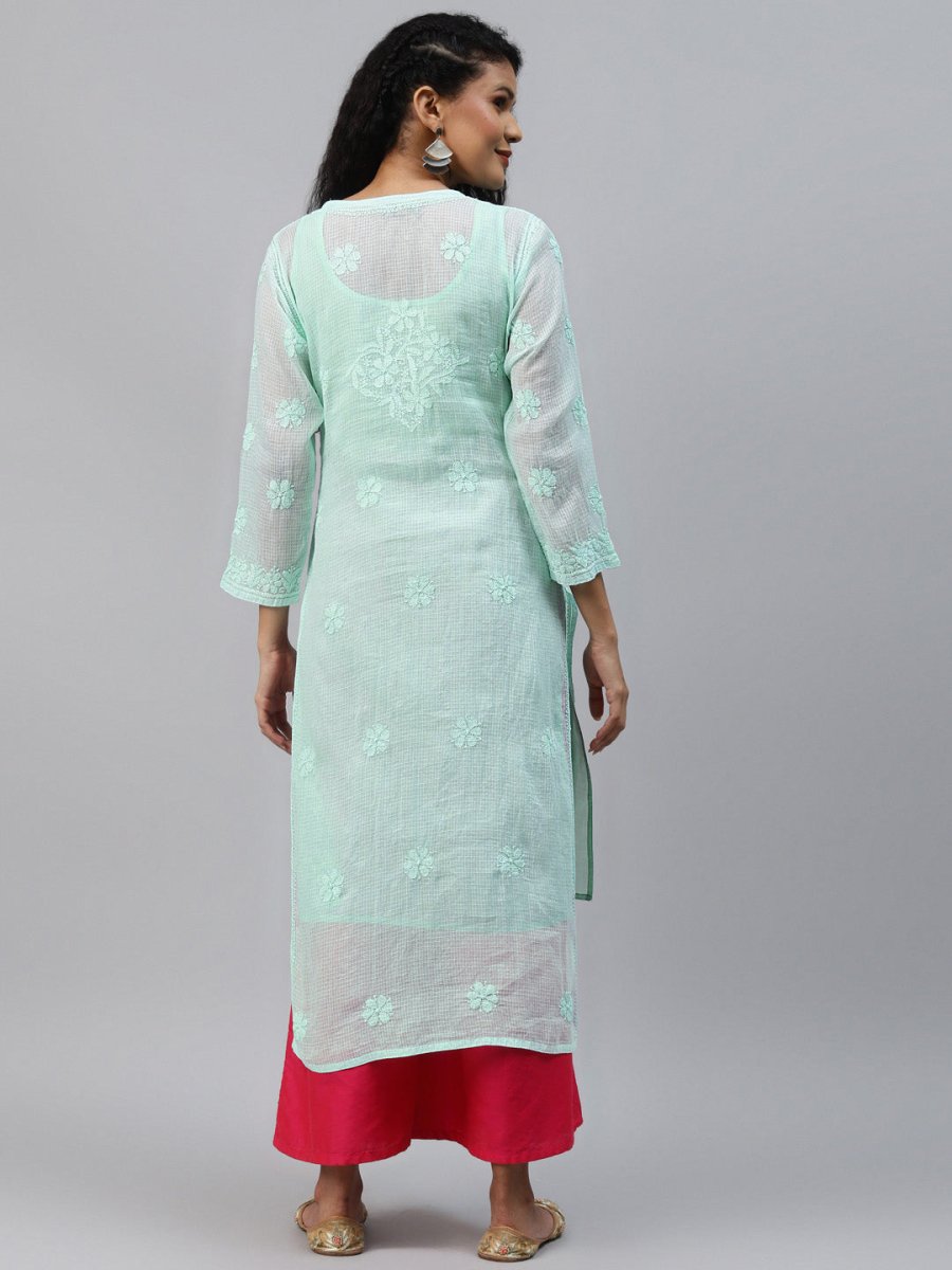 ADA Women Sea Green Chikankari Hand Embroidered Straight Kota Handloom Kurta With Matching Slip | Grocsy