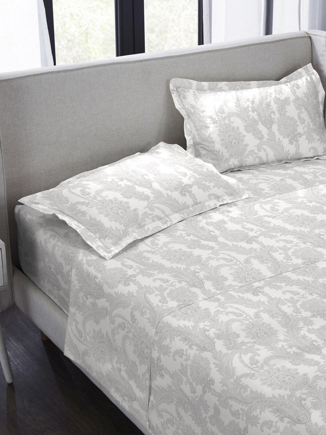 MYTRIDENT Nectarsoft Grey White Pure Cotton 400 TC King Bedsheet with 4 Pillow Covers | Grocsy