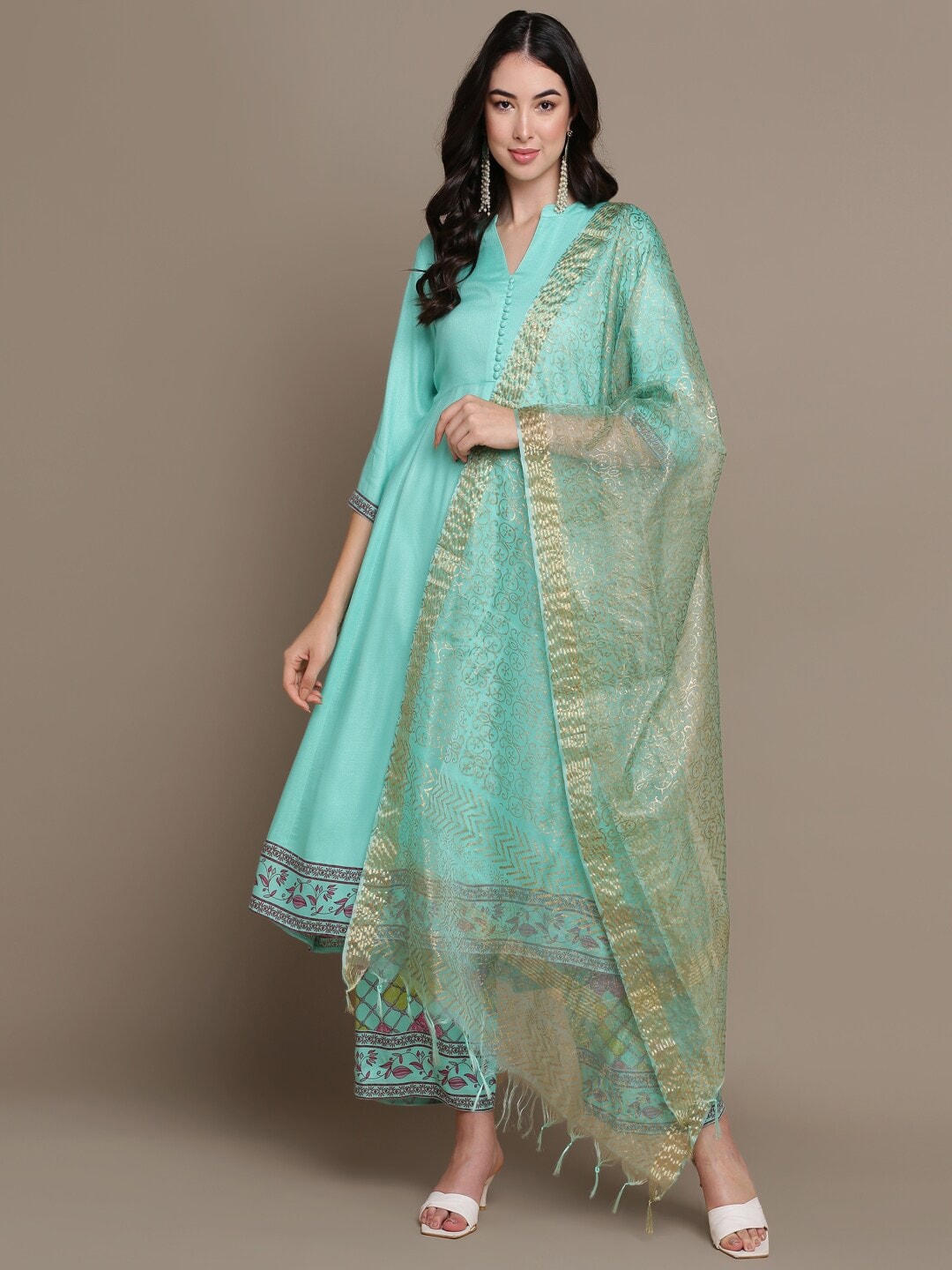 HERE&NOW Ethnic Motifs Printed Anarkali Kurta with Palazzos & Dupatta | Grocsy